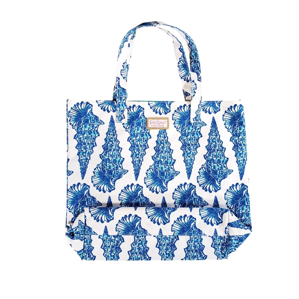 Lilly Pulitzer for Estee Lauder Blue Seashell Print Canvas Tote Bag Coastal